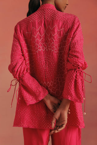 Close-up of the ruched drawstring sleeve and bandhani dots, bubblegum pink ziya bandhani tie-up sharara set by Twenty Nine at Mrs. G