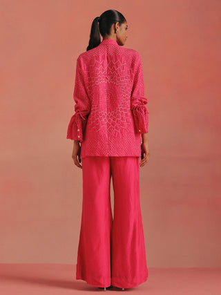 Back view of the tunic with ruched sleeves and flared pants, bubblegum pink ziya bandhani tie-up sharara set by Twenty Nine at Mrs. G