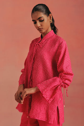 Waist-up front view of the tie-up neckline and ruched sleeves, bubblegum pink ziya bandhani tie-up sharara set by Twenty Nine at Mrs. G