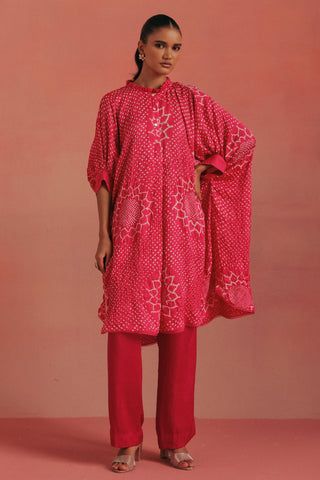 Full-length front view of the oversize bandhani tunic and palazzos, bubblegum pink ziya frill collar tunic with palazzo by Twenty Nine at Mrs. G