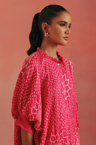 Close-up of the frill collar and bandhani flower motifs, bubblegum pink ziya frill collar tunic with palazzo by Twenty Nine at Mrs. G