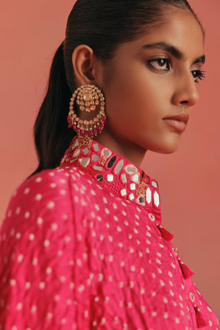 Close-up of the mirror work collar with a tassel and chandbali earring, bubblegum pink ziya mirrorwork co-ord set by Twenty Nine at Mrs. G