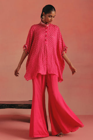 Front view of the shirt with the placket buttoned, bubblegum pink ziya mirrorwork co-ord set by Twenty Nine at Mrs. G