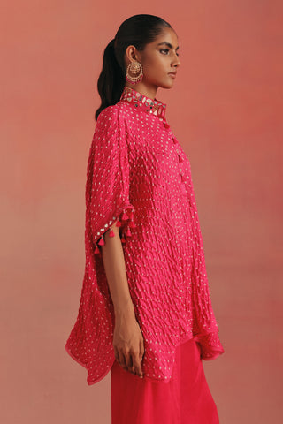 Side view of the loose shirt and a high collar, bubblegum pink ziya mirrorwork co-ord set by Twenty Nine at Mrs. G