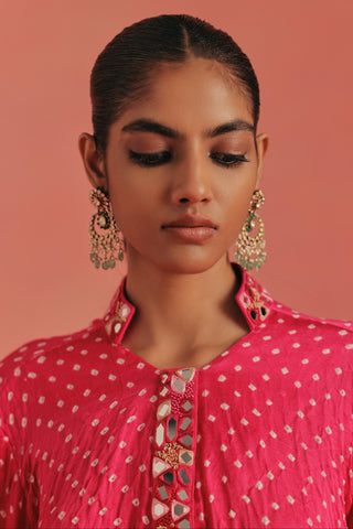 Close-up of the collar and mirror work placket with chandbali earrings, bubblegum pink ziya mirrorwork hi-low kurta set by Twenty Nine at Mrs. G