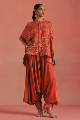 Full-length front view of the bandhani tunic and afghani dhoti, burnt orange ziya band collar dhoti set by Twenty Nine at Mrs. G