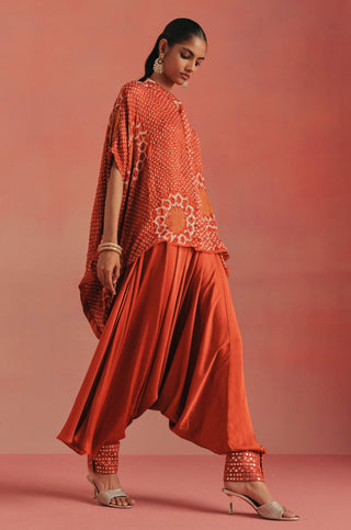 Side view of the tunic and gathered dhoti with embroidered cuffs, burnt orange ziya band collar dhoti set by Twenty Nine at Mrs. G