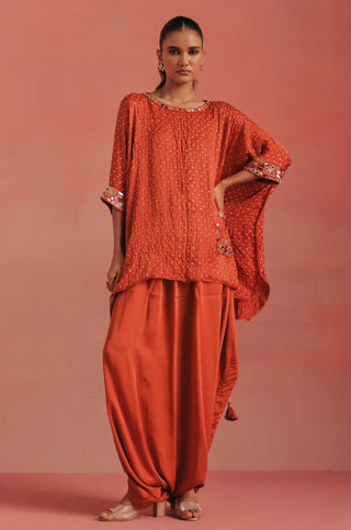 Full-length front view of the bandhani cape top and drawstring dhoti, burnt orange ziya cape top with dhoti by Twenty Nine at Mrs. G