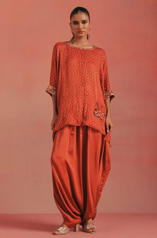Front view with the cape top falling loose over the dhoti, burnt orange ziya cape top with dhoti by Twenty Nine at Mrs. G
