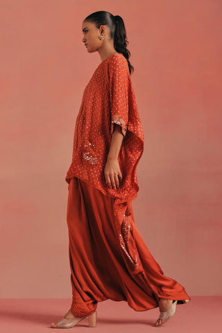Side view of the hi-low cape top and the dhoti, burnt orange ziya cape top with dhoti by Twenty Nine at Mrs. G