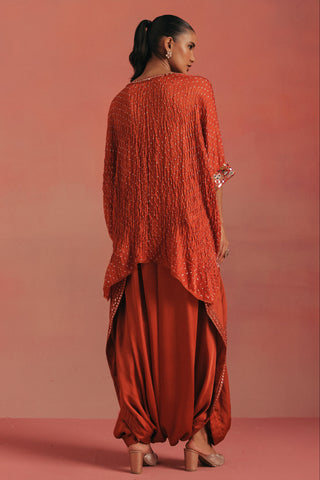 Back view of the cape top over the dhoti, burnt orange ziya cape top with dhoti by Twenty Nine at Mrs. G