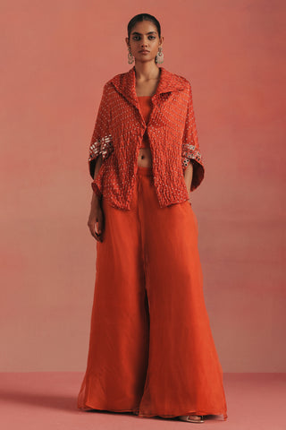Full-length front view of the overlay jacket and wide-leg palazzos, burnt orange ziya mirrorwork jacket set by Twenty Nine at Mrs. G