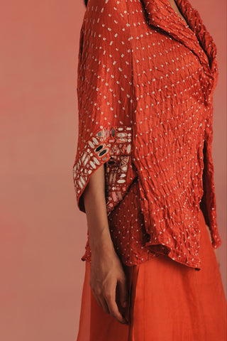 Close-up of the mirror work envelope sleeve and bandhani dots, burnt orange ziya mirrorwork jacket set by Twenty Nine at Mrs. G