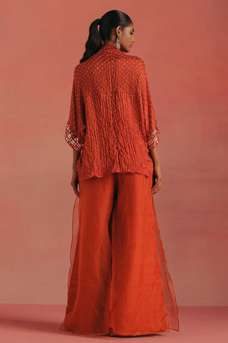 Back view of the short bandhani jacket and palazzos, burnt orange ziya mirrorwork jacket set by Twenty Nine at Mrs. G