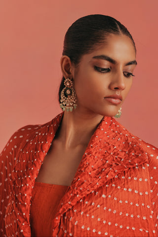 Close-up of the notched collar over the bandeau, burnt orange ziya mirrorwork jacket set by Twenty Nine at Mrs. G