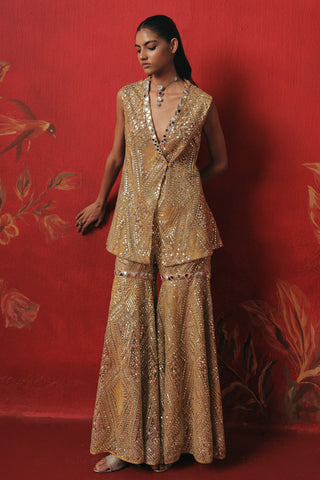 Full-length front view of the peplum jacket and mirror work sharara, citrus yellow ziya peplum sharara set by Twenty Nine at Mrs. G