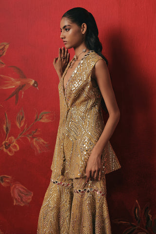 Side view of the peplum jacket with side panels, citrus yellow ziya peplum sharara set by Twenty Nine at Mrs. G