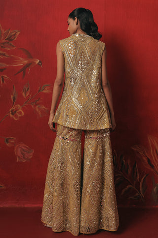 Back view of the sleeveless jacket and wide-leg sharara, citrus yellow ziya peplum sharara set by Twenty Nine at Mrs. G