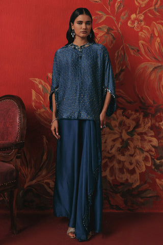 Full-length front view of the bandhani crop top and satin silk skirt, blue ziya mirrorwork skirt set by Twenty Nine at Mrs. G