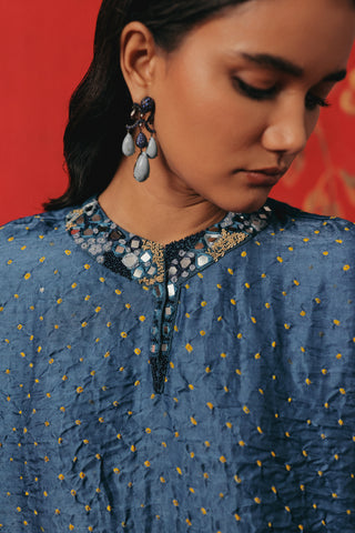 Close-up of the embroidered mirror work neckline and bandhani dots, blue ziya mirrorwork skirt set by Twenty Nine at Mrs. G