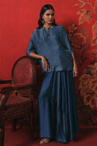 Front view of the top and the full skirt, blue ziya mirrorwork skirt set by Twenty Nine at Mrs. G