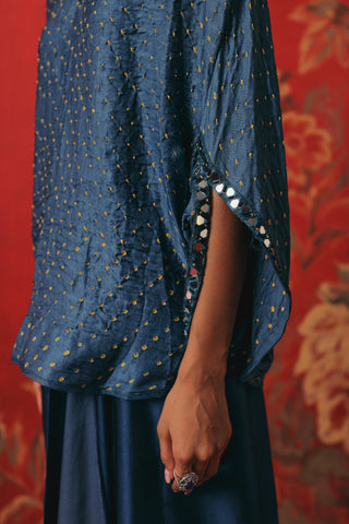 Close-up of the wide short sleeve with bandhani dots, blue ziya mirrorwork skirt set by Twenty Nine at Mrs. G