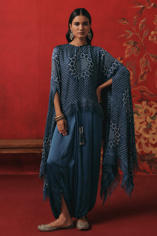 Full-length front view of the tassel cape and low-crotch dhoti, blue ziya tassel cape with dhoti by Twenty Nine at Mrs. G