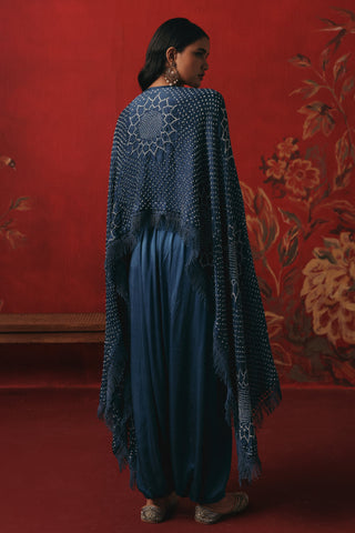 Back view of the long cape over the dhoti, blue ziya tassel cape with dhoti by Twenty Nine at Mrs. G