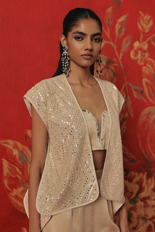Waist-up front view of the gilet open over the deep-neck bandeau, ivory ziya jacket set by Twenty Nine at Mrs. G
