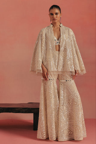 Full-length front view with the jacket open over the bralette, ivory ziya mirrorwork sharara set by Twenty Nine at Mrs. G