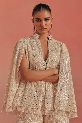 Waist-up front view with the stand collar and mirror band at the hip, ivory ziya mirrorwork sharara set by Twenty Nine at Mrs. G