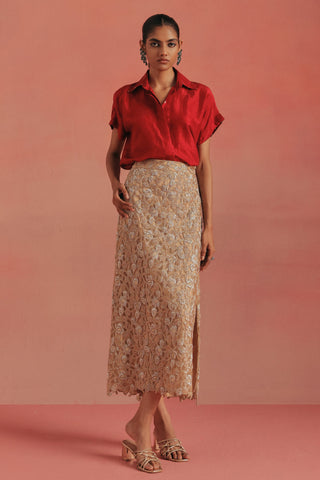 Full-length front view of the maroon shirt and gold pencil skirt, maroon ziya skirt set by Twenty Nine at Mrs. G