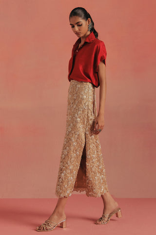 Side view of the pencil skirt with its side slit, maroon ziya skirt set by Twenty Nine at Mrs. G