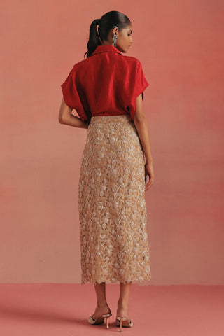 Back view of the maroon shirt and beadwork skirt, maroon ziya skirt set by Twenty Nine at Mrs. G