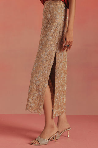 Close-up of the beadwork skirt and side slit with silver heels, maroon ziya skirt set by Twenty Nine at Mrs. G