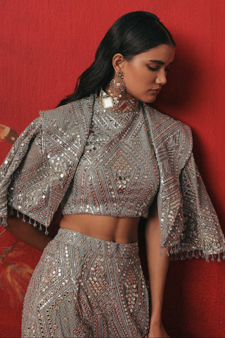 Waist-up view of the crop jacket draped over the hi-neck top, blue ziya crop jacket set by Twenty Nine at Mrs. G