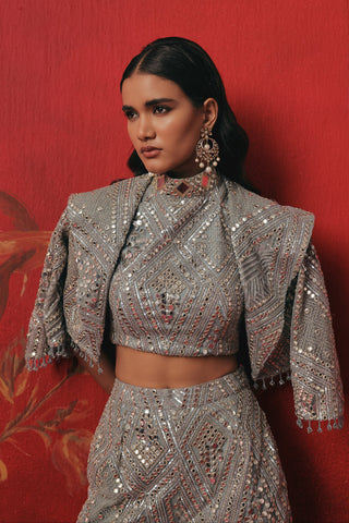 Waist-up view of the monarch collar jacket and crop top, blue ziya crop jacket set by Twenty Nine at Mrs. G