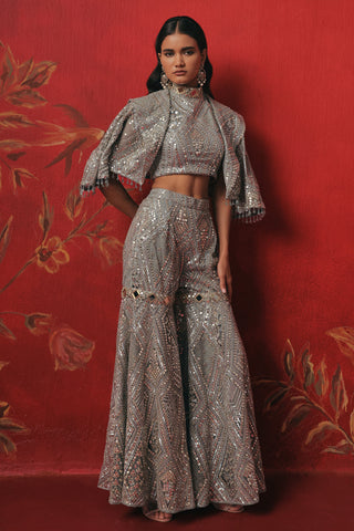 Full-length front view with the crop jacket open over the top, blue ziya crop jacket set by Twenty Nine at Mrs. G