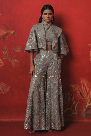 Full-length front view of the three pieces with the jacket over the top, blue ziya crop jacket set by Twenty Nine at Mrs. G