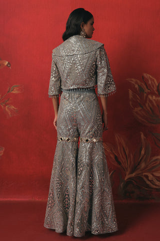Back view of the crop jacket and flared mirror work shararas, blue ziya crop jacket set by Twenty Nine at Mrs. G