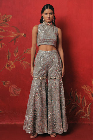 Full-length front view of the hi-neck crop top and sharara, blue ziya crop jacket set by Twenty Nine at Mrs. G