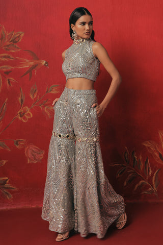 Three-quarter view of the hi-neck crop top and mirror work sharara, blue ziya crop jacket set by Twenty Nine at Mrs. G
