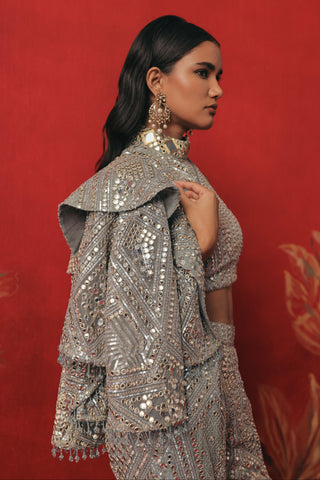 Side profile of the monarch collar and tassel edge on the jacket, blue ziya crop jacket set by Twenty Nine at Mrs. G