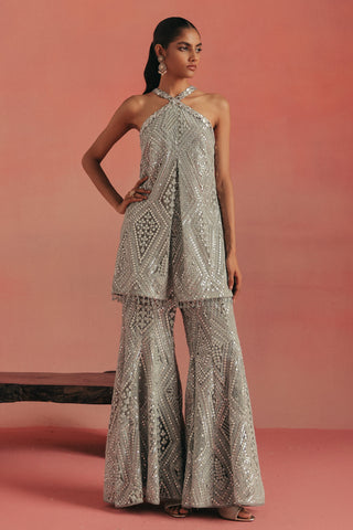 Full-length front view of the cross strap tunic and flared pants, blue ziya cross strap sharara set by Twenty Nine at Mrs. G