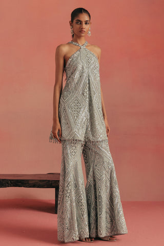 Full-length view with the cross-strap halter and box pleats, blue ziya cross strap sharara set by Twenty Nine at Mrs. G