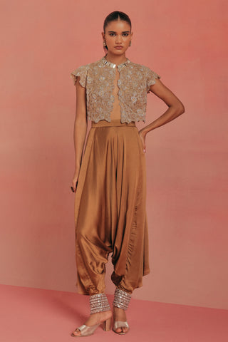 Full-length front view of the lace crop jacket and afghani dhoti pants, natural gold ziya afghani dhoti set by Twenty Nine at Mrs. G