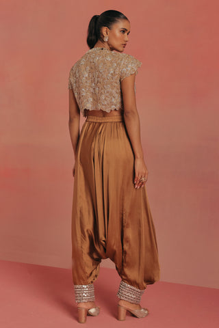 Back view of the cropped lace jacket and gathered dhoti, natural gold ziya afghani dhoti set by Twenty Nine at Mrs. G