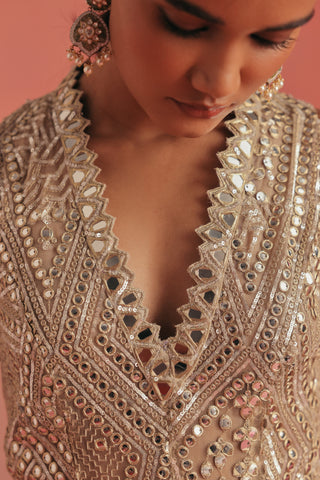 Close-up of the deep V neckline lined with mirror work, gold ziya high low jacket set by Twenty Nine at Mrs. G