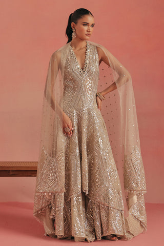 Full-length front view with the net dupatta draped over both arms, gold ziya high low jacket set by Twenty Nine at Mrs. G