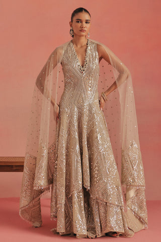 Full-length view with the dupatta falling from both shoulders, gold ziya high low jacket set by Twenty Nine at Mrs. G